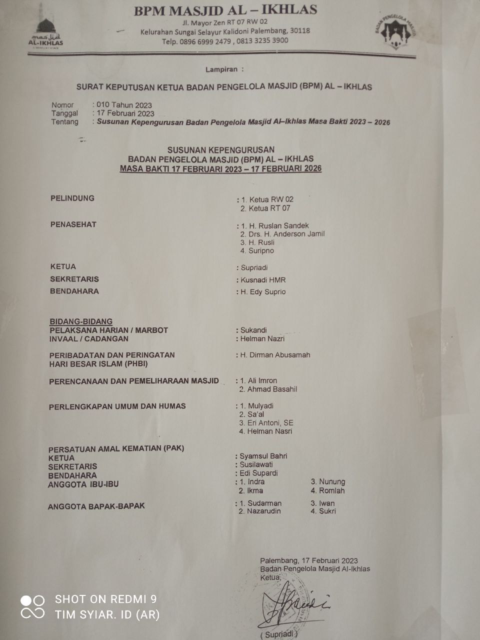 Struktur Pengurus MASJID AL IKHLAS MAYOR ZEN SEI SELAYUR PALEMBANG